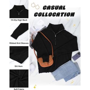 Suéter de mujer con cremallera de un cuarto, cuello alto, manga larga, suave y holgado, informal de otoño con abertura - Product Image 5