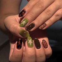 24 faux ongles à presser, forme amande, vert olive, motif étoile scintillant, marbre marron, avec lime à ongles, vente en gros, dropshipping
