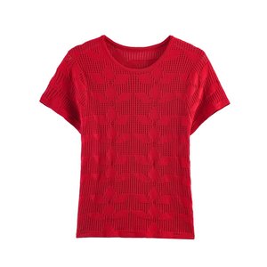 Fabricant de pulls sur mesure OEM ODM, <span class=keywords><strong>pull</strong></span> à manches courtes pour <span class=keywords><strong>femme</strong></span>, col rond en pointelle, haut tricoté pour <span class=keywords><strong>femme</strong></span>, style business décontracté - Product Image 1