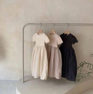 Robes décontractées d'été en coton et lin de couleur unie à manches courtes pour filles - Product Image 3