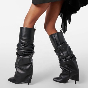 Botas de mujer con parte superior plisada, pantalón largo, tacones altos y delgados, punta cuadrada, diseño superpuesto, estilo vestir, botines de tacón de aguja hasta la rodilla - Product Image 6