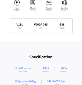Contrôleur de vitesse électrique T-MOTOR FOC ESC V200A 14S pour hélicoptère, avion, VTOL, ailes fixes, moteur 20KG, réponse rapide PWM CAN - Product Image 6