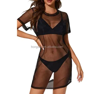 Vestido de malha transparente preto, vestido de malha transparente para verão, férias, praia, malha, transparente