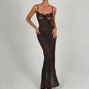 Vestido largo elegante para mujer, prenda con Espalda descubierta, abertura de encaje, doble capa, descuento