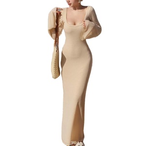 navy blue dress for baby girl Cavosen Long Dresses for Women V Neck Beige Long Sleeve Maxi Dress Empire Waist Ankle Length Dress Solid Side Split Pleated Casual Trendy Dress main image 0