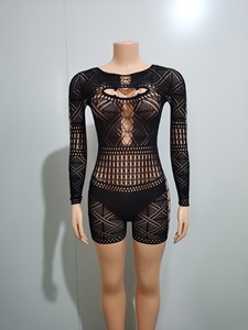 Yüksek kalite Cut Out siyah şeffaf kadınlar Bodysuit Bodycon tek parça bayanlar Wrap tulum şort seksi Mesh kadın tulumlar - Product Image 4