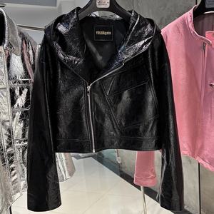 سترة جلدية لامعة بغطاء رأس حقيقي من جلد الغنم للنساء سترة من جلد الغنم الأصلي للنساء - Product Image 2