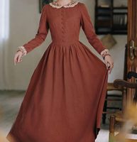 Robe longue décontractée vintage en lin 100% pur 270 g/m² pour femme, à manches longues, col Peter Pan en dentelle, coupe trapèze unie