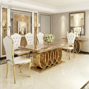 Mobiliário da sala de estar, mobiliário de aço inoxidável do ouro da prata do design moderno de mármore mesa de jantar e cadeiras sala de jantar