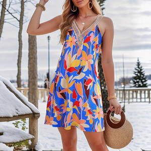 Vestido de encaje con cuello en V para mujer, ropa de playa de verano 2025, sin mangas, estampado Tropical, Vestido corto informal, traje de vacaciones - Product Image 3