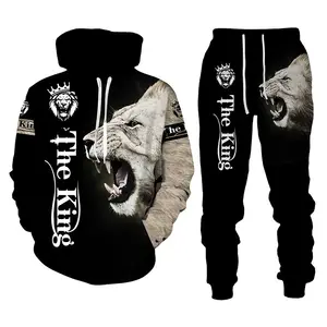 Heren Casual Hoodie Broek Past Bij 2 Stuks Set 3d Leeuw Print Trui Shirts Mode Lange Mouwen Unisex