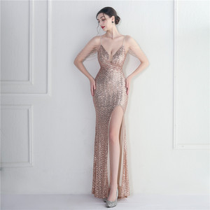 Elegante Abito da Sera <span class=keywords><strong>Lungo</strong></span> <span class=keywords><strong>Nero</strong></span> con Scollo a V, <span class=keywords><strong>Spacco</strong></span> Alto e Paillettes, <span class=keywords><strong>Vestito</strong></span> da Cerimonia con Perline per Donna - Product Image 5
