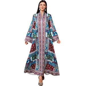 Robe Abaya Élégante Bohème à Motifs Géométriques pour <span class=keywords><strong>Femme</strong></span> 2026 – Tissu Polyester Longueur Ras du Sol Respirant Col en V pour l'Aïd et les Mariages - Product Image 1