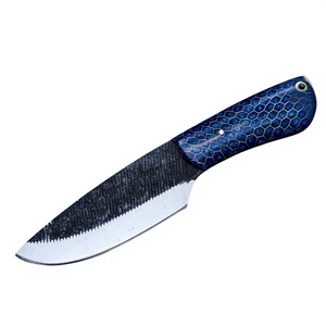 Couteau de chasse artisanal en acier inoxydable avec manche en nid d'abeille bleu, bord partiellement dentelé, couteaux de camping d'extérieur à vendre - Product Image 4