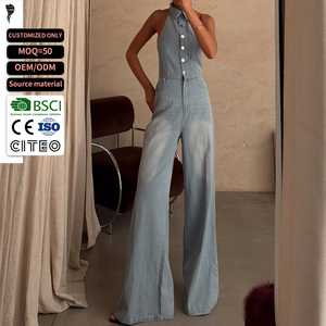 Mono vaquero sin mangas azul claro para mujer con cuello de camisa, botones frontales, ajuste holgado, largo completo, ropa casual de verano - Product Image 1