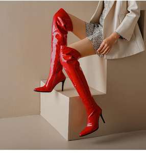 تصميم جديد مثير أحذية طويلة للنساء وأشار اصبع القدم براءات الاختراع بو الجلود أحذية الشتاء الفخذ عالية فوق الركبة أحذية السيدات - Product Image 4