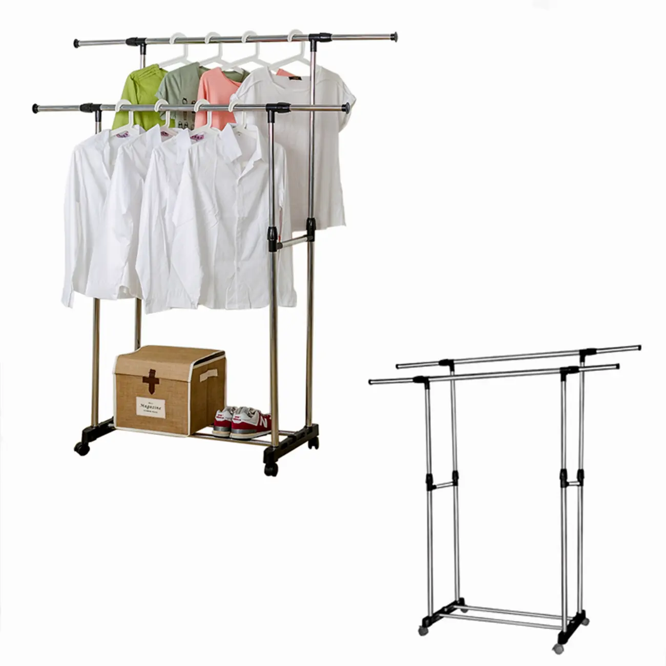 Standing Extendable Double Pole Hanging Cloth Drying Rack Clothes Garment Rack
