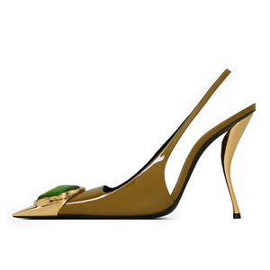 Zapatos de tacón dorados personalizados para mujer con correa trasera, tacones originales, sandalias de vestir con punta cuadrada y charol brillante - Product Image 3