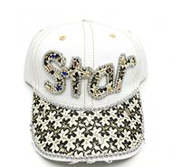 Casquette de baseball en jean avec lettres en strass multicolores et visière en dentelle noire et dorée, plusieurs couleurs disponibles en gros