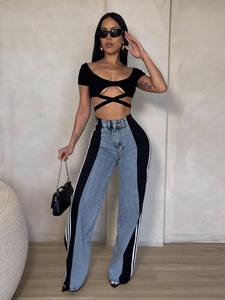 Cintura alta das mulheres verão estiramento perna reta Jeans New Casual Wide Denim Calças Simples Costura Três Sólidos - Product Image 6