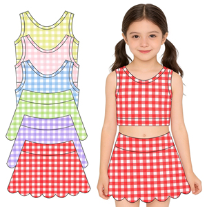 Conjunto Deportivo Personalizado para Niñas, Camisa a Cuadros Colorida, Chaleco Informal, Falda con Borde Festoneado, Pantalones Cortos con Forro, 2 Piezas - Product Image 1