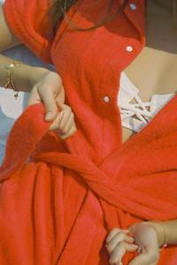 Wholesale Cotton Bucket Hat Red Jersey <strong>Towelling</strong> Press-stud Placket Short Sleeves <strong>Onesie</strong> Tie Waist Belt Towel Romper Jumpers - Product Image 4