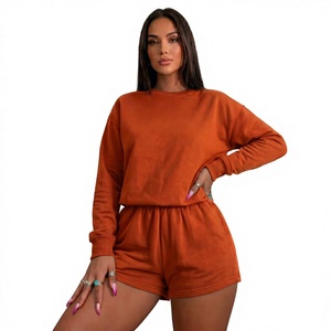 Conjunto Deportivo de 2 Piezas para Mujer, Color Naranja, Algodón, Cuello Redondo, Corte Regular, Casual, Sólido, Transpirable, Pantalones Cortos Bordados, Primavera - Product Image 1