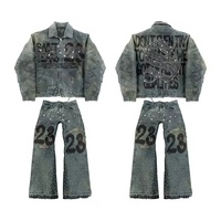Veste en jean pour homme, fabrication sur mesure, denim, manches longues, effet usé, coupe ample, vintage, patchwork de strass, style motard