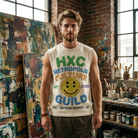 T-shirt sans manches pour homme avec logo personnalisé, impression 3D en relief, visage souriant, HXC Metropolis Culture Streetwear, débardeur en coton surdimensionné
