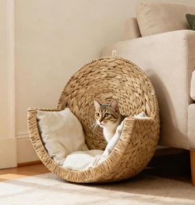 Lit pour chat en rotin artisanal écologique, forme de dôme, panier tissé pour animaux de compagnie, grotte, matériau en paille naturelle avec coussin amovible doux - Product Image 2