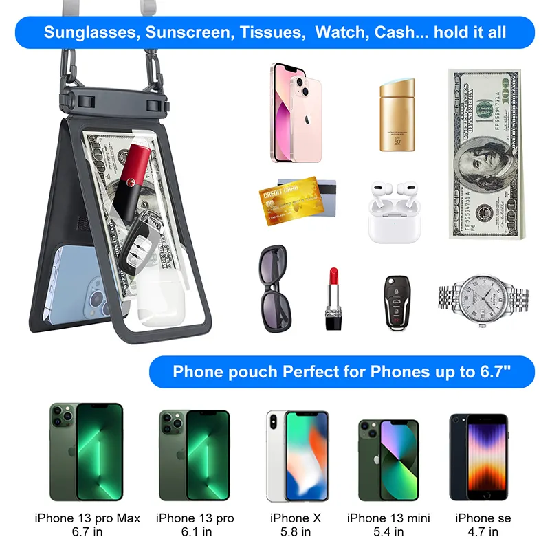 공장 판매 이중 공간 방수 크로스바디 핸드폰 파우치 Ipx8 건식 방수 전화 가방