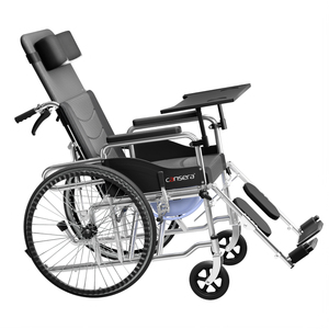 低価格フルリクライニング手動車椅子、取り外し可能なシートクッション、ベッドパンとブレーキ付きソリッドタイヤ、障害者用トレイ - Product Image 1
