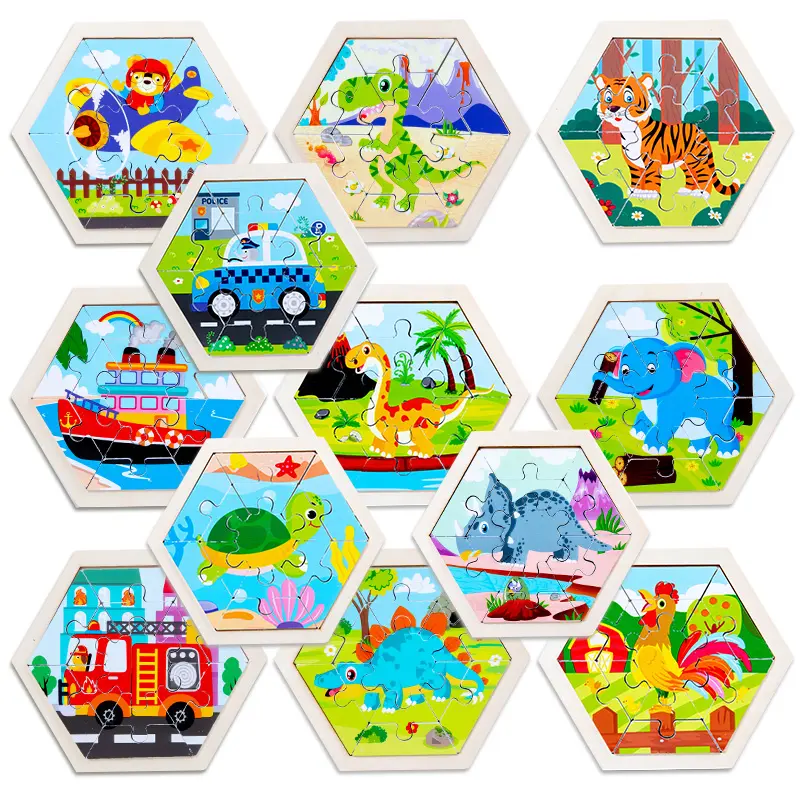 New Product Wooden Dinosaur Traffic Animal Hexagonal Colorful Jigsaw Puzzles Classic Baby Theme Toys Puzzles For Kids