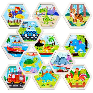 신제품 나무 공룡 교통 동물 육각형 다채로운 직소 퍼즐 어린이를위한 클래식 아기 테마 장난감 퍼즐