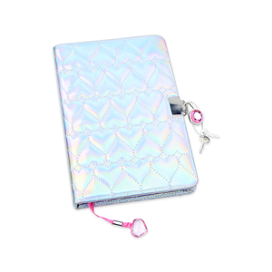 Iridescent Quilted Heart Lock <strong>Diary</strong> with Key for Girls Holographic <strong>Lockable</strong> Notebook with Pink Heart Bookmark - Product Image 2