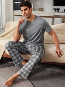 Ensemble de pyjama d'été de luxe personnalisé pour homme, vêtements de détente doux à manches courtes et pantalon long, fournisseur de vêtements de nuit - Product Image 2