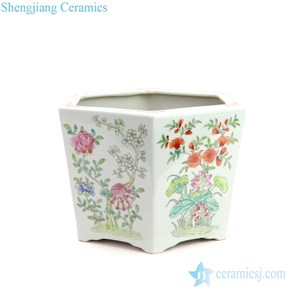 RYSZ12  Pot à fleurs hexagonal en céramique antique peint à la main avec motif floral Famille Rose - Product Image 5
