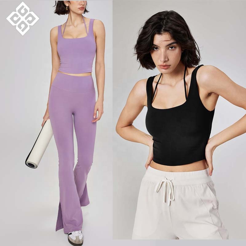 Ribbed Nude Yoga Vest Women Short Fitness Underwear Round Neck Semi-fixed Sports Bra Summer Gym Workout Clothes