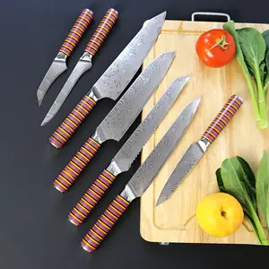 Berwarna G10 menangani vg10 set pisau Damaskus 62 kekerasan baja karbon tinggi set pisau dapur dengan logo bebas kustom