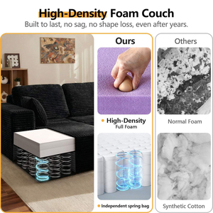Black Striped Corduroy Vacuum Compressed L-Shaped Modular Sectional <b>Sofa</b> Couch With Chaise For Living Room - Product Image 4