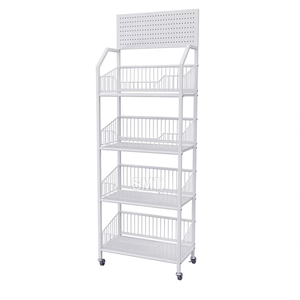 Estante de exhibición de metal moderno Estante de exhibición de alambre Soporte de piso Exhibición de muestras Tiendas Estante de almacenamiento de metal <span class=keywords><strong>con</strong></span> <span class=keywords><strong>ruedas</strong></span> - Product Image 6