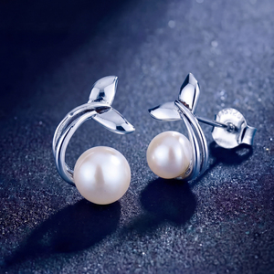 Elegant S925 <b>Silver</b> Freshwater Pearl <b>Stud</b> Earrings Zircon Smile Leaf Jewelry for Women Wedding Bridal Anniversary Gift - Product Image 3
