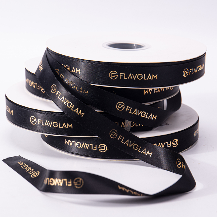 Factory Custom Personalised Grosgrain Velvet Ribbon Brand Name Logo Black Satin Ribbon Tape With Gold Foil Printed Logo