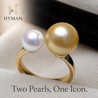 Bague de luxe plaquée platine à double perle avec perle dorée des mers du Sud de 10-11 mm et perle Akoya de 7-8 mm, inspirée des célébrités, réglable