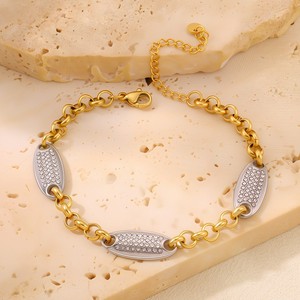 Bracelet de luxe bicolore en acier inoxydable, maillons dorés et argentés avec <span class=keywords><strong>plaque</strong></span> ovale en zircon cubique, étanche et anti-ternissement - Product Image 6