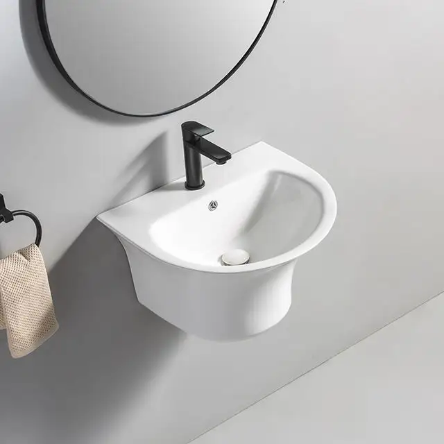 Lavabo de cerámica de un solo orificio de diseño moderno, lavabo de pared para Baño