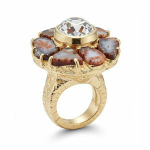 Bague fleur en or texturé personnalisée avec pétales d'agate mousse et centre de cristal Bague de déclaration botanique - Product Image 1