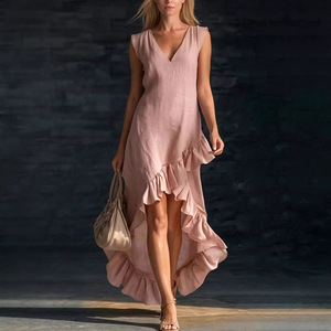 Vestido Maxi de Verano para Mujer, Tallas Grandes, Sin Mangas, Cuello en V, con Volantes en el Bajo, Asimétrico, de Algodón y Lino, Dropshipping Shopify - Product Image 2