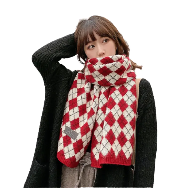 Bufanda de Cachemira a cuadros para mujer, chales largos y gruesos de lana roja, versión coreana, para estudiantes de invierno