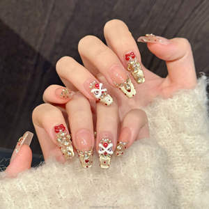 Faux ongles de haute qualité, motif Danse du Lion du <span class=keywords><strong>Nouvel</strong></span> <span class=keywords><strong>An</strong></span> Chinois, courts, forme cercueil, faits à la main, à presser - Product Image 1